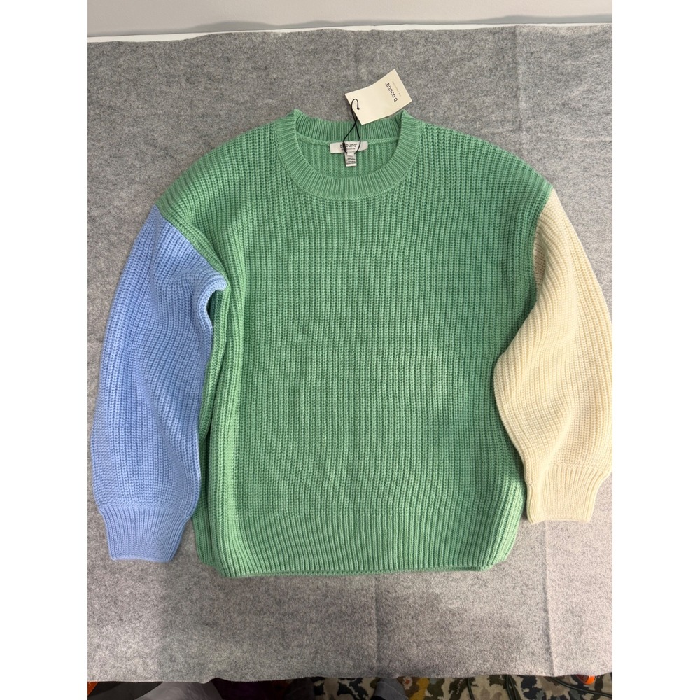 b.young Sweater Women Medium Green Blue Colorblock Ribbed Knit Crewneck NEW